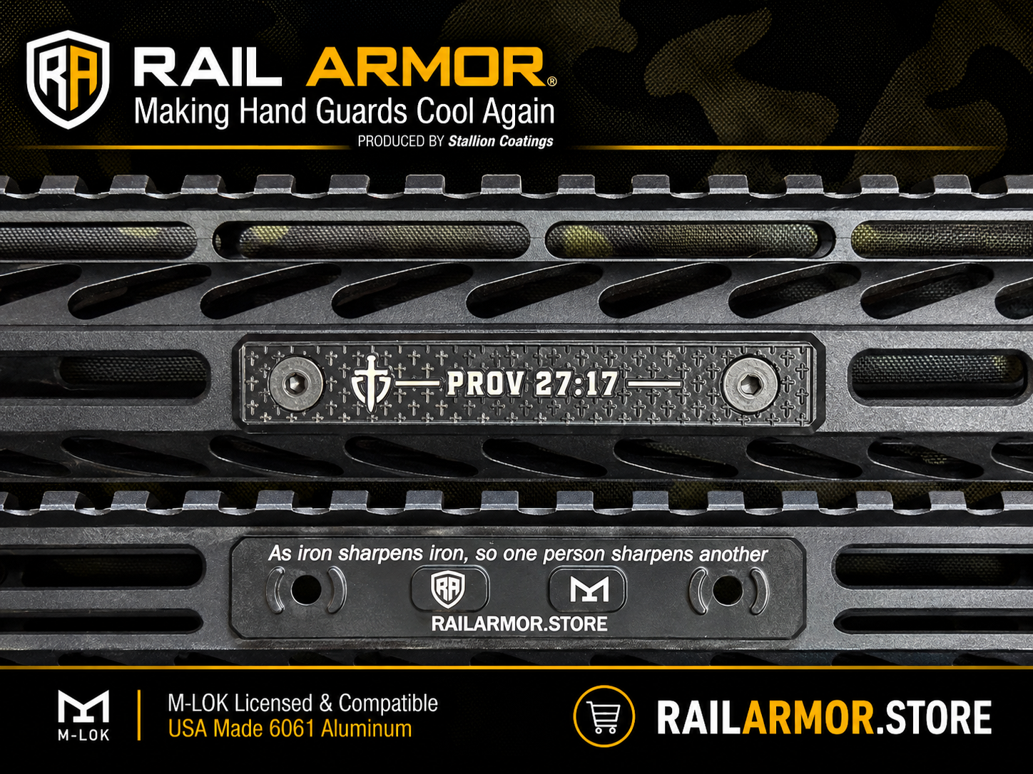 Rail Armor Prov 27:17 M-LOK rail cover — cross engraving with Proverbs 27:17