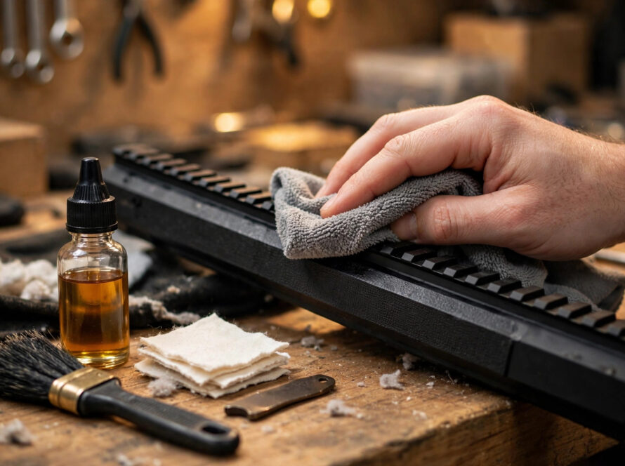 Wiping an aluminum rail cover with a microfiber cloth