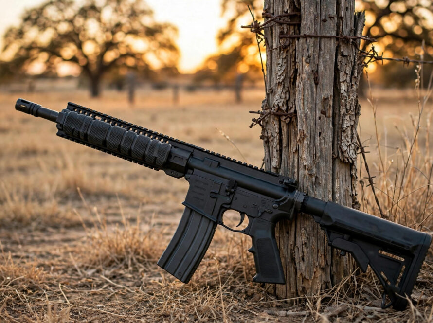 AR-15 with M-LOK rail covers on a Texas ranch at dusk