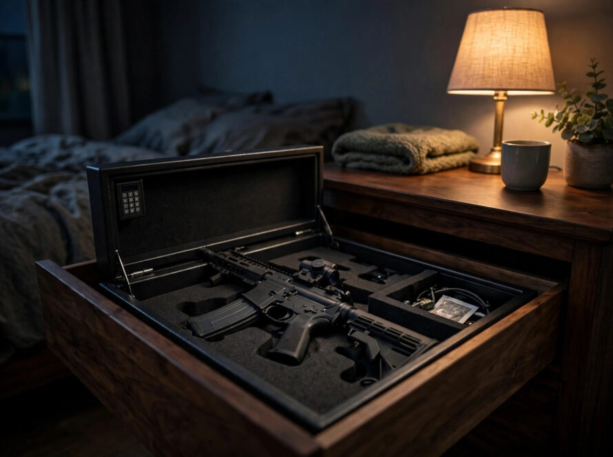 Rifle secured in a quick-access bedside safe