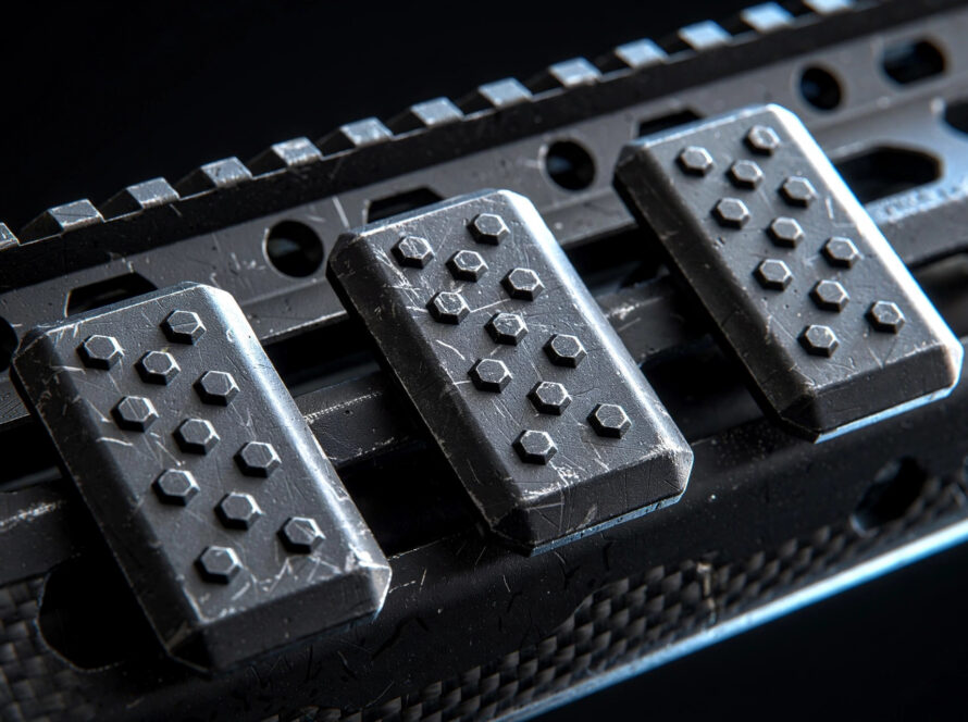 Close-up of textured aluminum M-LOK rail covers protecting a handguard