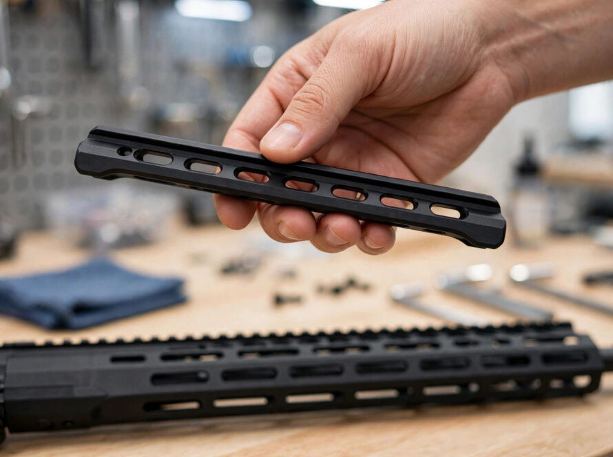 Hand holding a lightweight aluminum M-LOK rail cover above a handguard