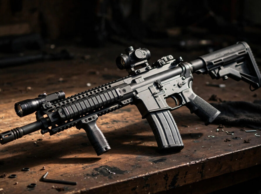 Customized AR-15 rifle with aluminum M-LOK rail covers on a workbench