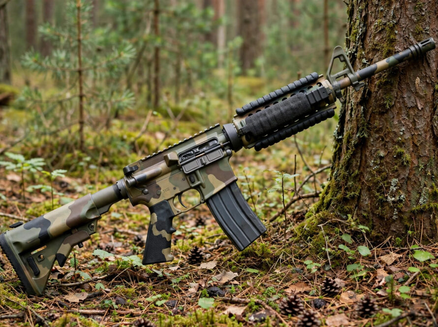 Camouflage-painted AR-15 rifle leaning against a tree in a forest