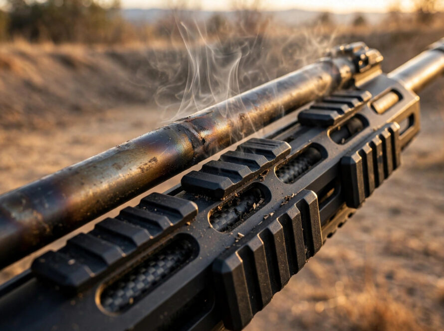 Rifle handguard with heat shimmer rising after firing at the range