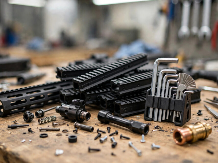 AR-15 parts and gunsmith tools spread on a workbench