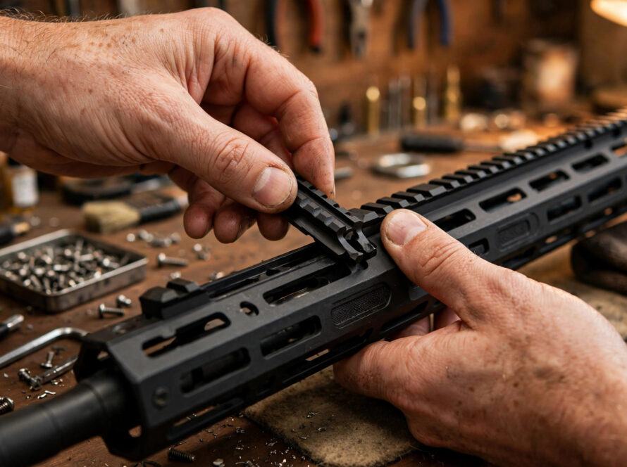 Hands carefully fitting an aluminum rail cover onto a handguard