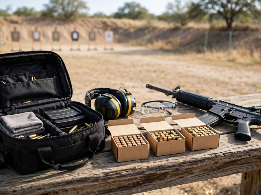 Range bag and shooting gear laid out at a Texas shooting range